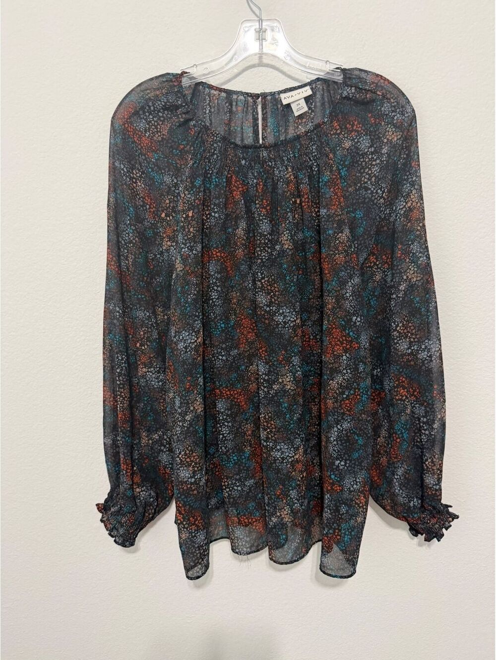 Ava&Viv Long Sleeve Round Neck Multicolor Abstract Sheer Blouse Women's Size 2X